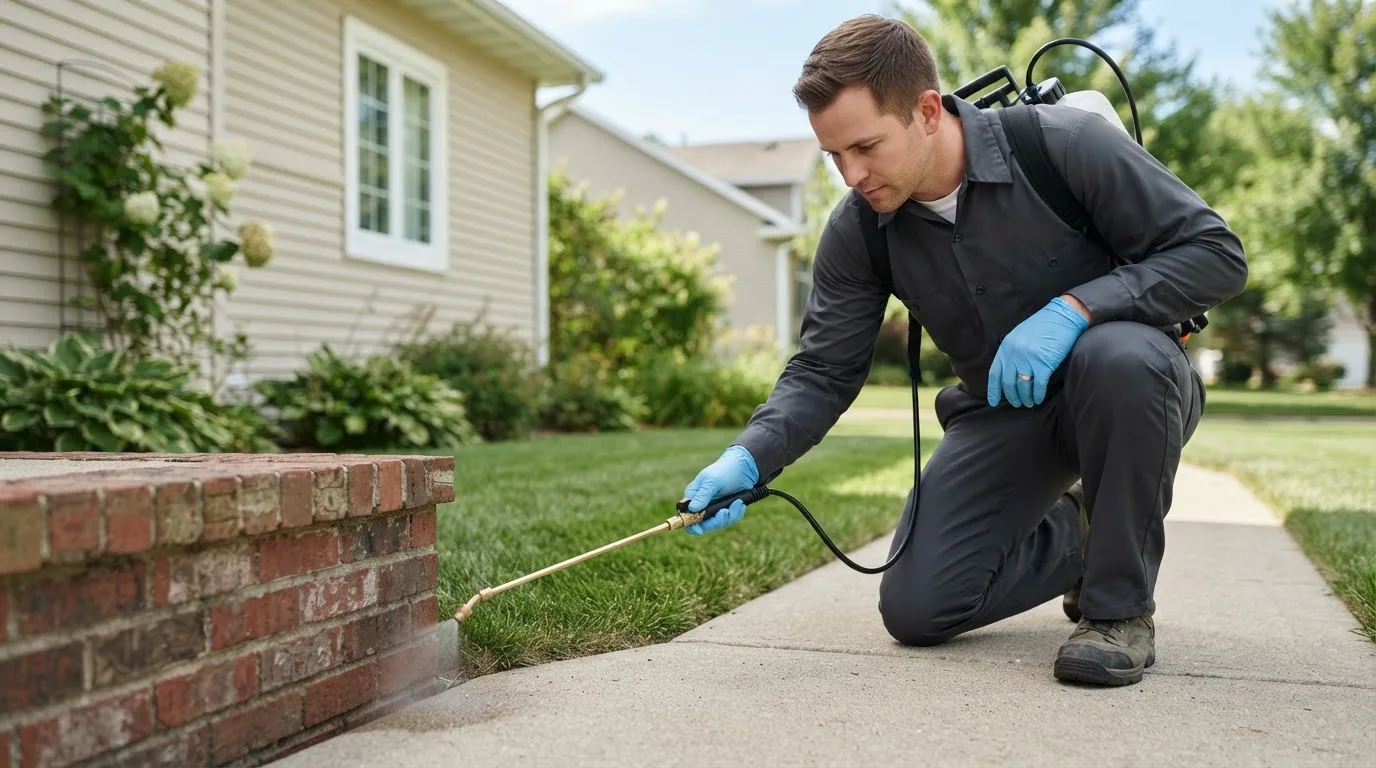 Pest control technician treating a home near Burlington, TX